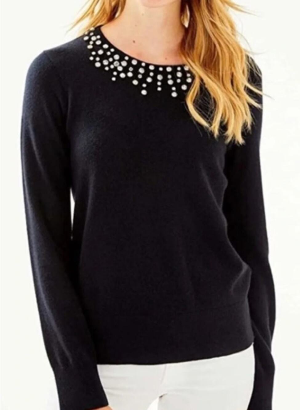 Lilly Pulitzer Odetta Merino Wool Blend Sz M Sweater Rhinestone Collar Statement